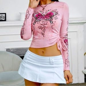 Butterfly Print T-shirt With Drawstrings